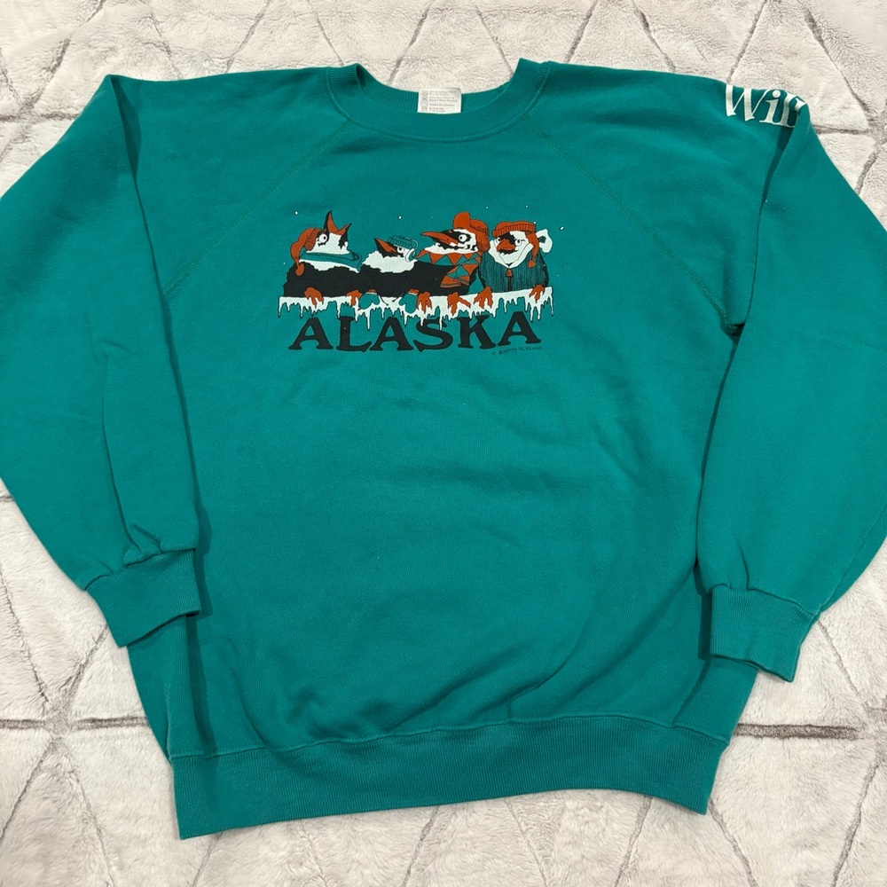 Alaska Vintage USA Made Crewneck Teal Willow Alaska Sz L Pengines Winter 90s
